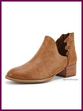 Faux Leather Ruffled Ankle Boots V Cut Out Pointed Toe Chunky Low Heel Western